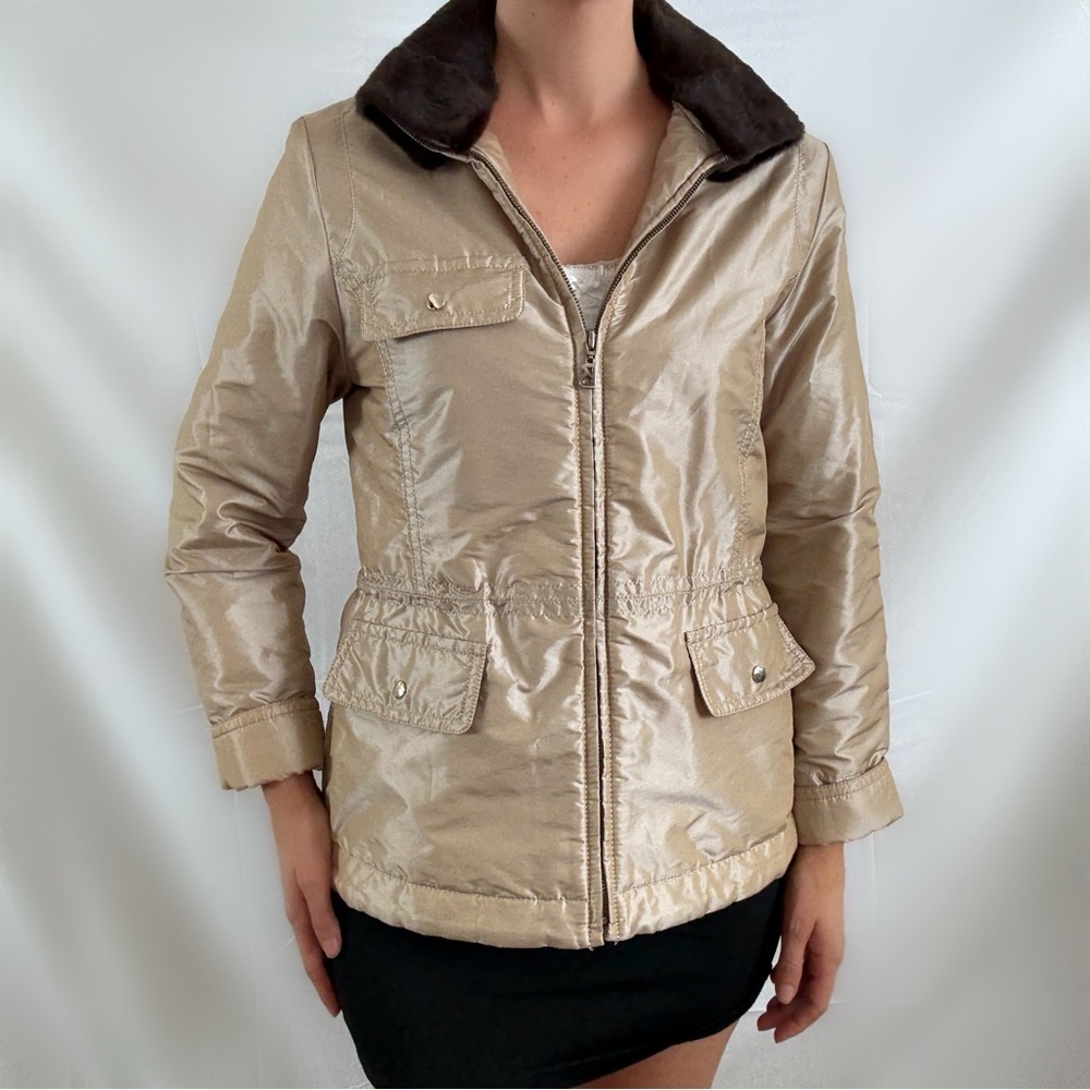 Bogner fur trim collar puffer jacket champagne taupe parka medium 38 womens